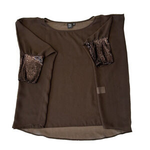 Solo Moda Women's Sheer Overlay Top Batwing Large Brown Sequined Sleeve